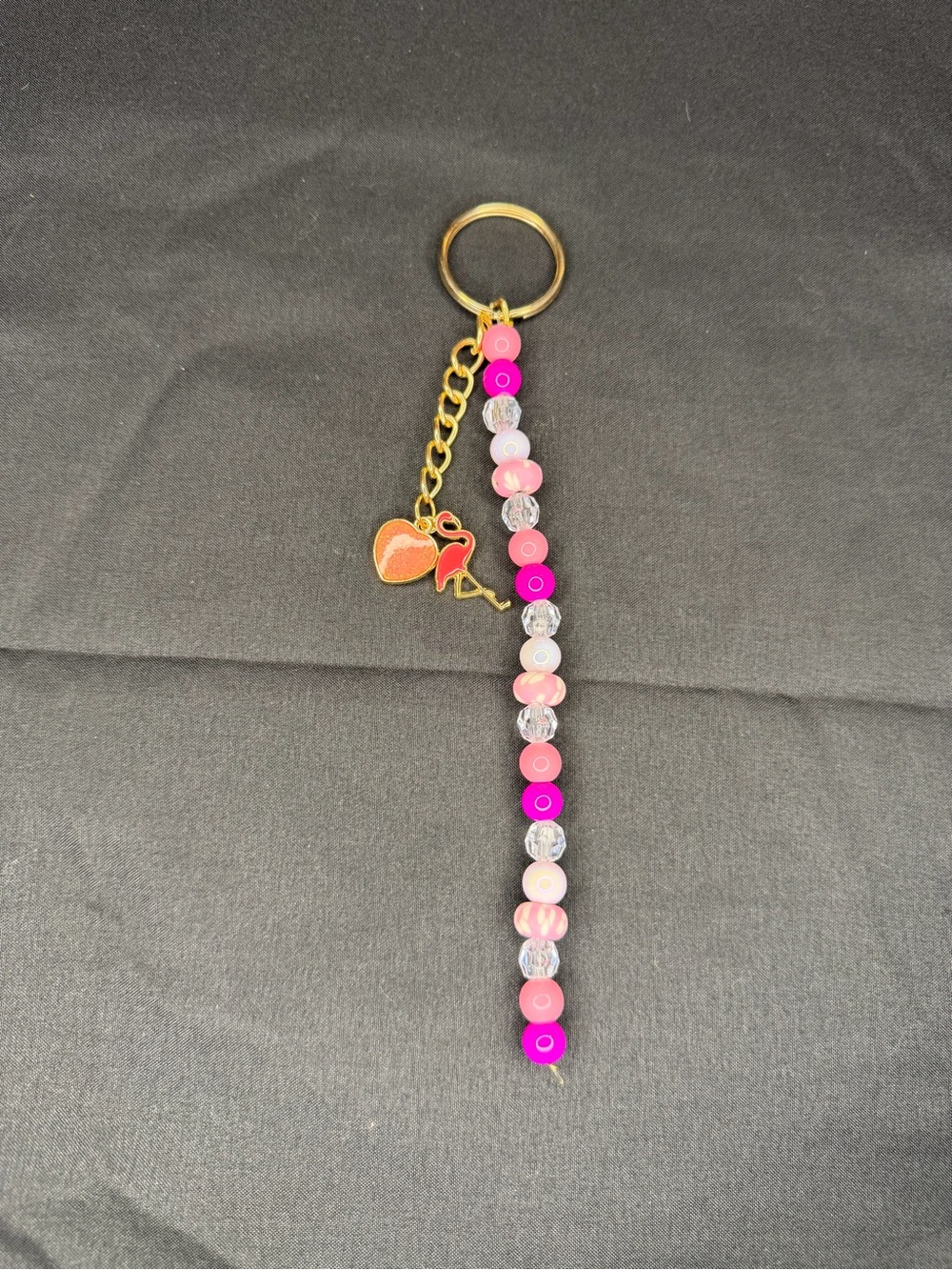 Beaded Pink Keychain with Gold Flamingo Charm